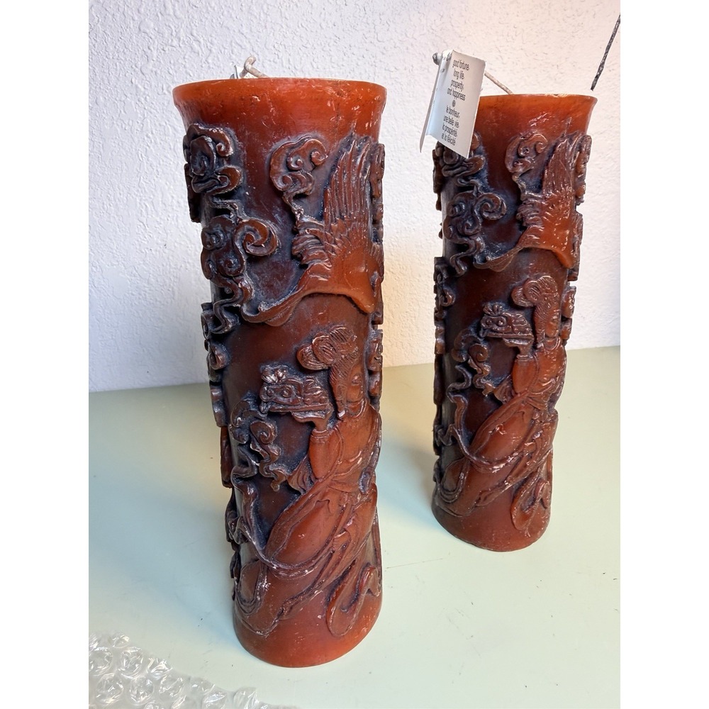 Karma Candle Dragon & Crane Pillar Candles Asian Sculptural Red Pair NWT